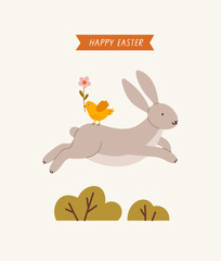 Hand-drawn spring card with jumping rabbit through the bushes with chicken on top. Hand-drawn vector card, isolated on pink background. Spring season concept, Easter, nature.