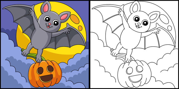 Flying Bat Halloween Coloring Page Illustration