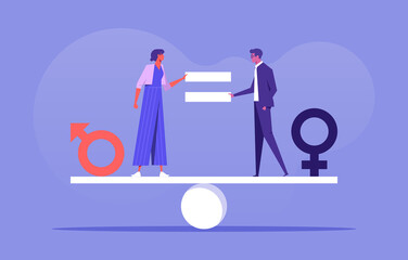 Gender equality concept. Male and female with symbol on the scales feeling equal discrimination 