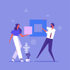 People working together to connecting the elements of the blocks. Teamwork, concept of good cooperation. Vector illustration