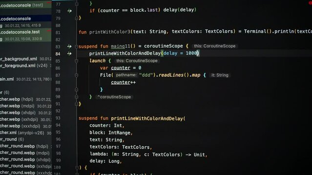 Developer is browsing html code on the computer screen. Scroll of HTML Web Page Code. Programming code abstract technology background. Computer script concept. High quality 4k footage