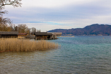 Attersee in Salzkammergut in Austria. Beautiful natural beach with reeds and stilt huts. Upper Austria, Europe.	