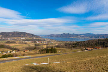 Panoramic view of die small village Abtsdorf and Attersee in Upper Austria. Image taken from Kronberg mountain. Tourism and vacations concept. 