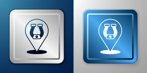 White Horseshoe icon isolated on blue and grey background. Silver and blue square button. Vector