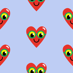 Seamless pattern of hearts in glasses, faces with smiles. Abstract funny cute comic vector pattern. Colorful fashion illustrations on a lilac background. Cartoon style, flat design. For prints, cards.