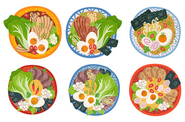 Ramen in bowl on table. Top view. Illustration with japanese soup in flat style. Asian food: miso, egg, nori, leek, noodles, pork, soybean sprouts, kamaboko, Enoki, Bok choy. Vector round composition.