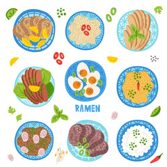 Ramen, udon, noodles in bowl on table. Top view. Vector illustration. Japanese soup, Ingredients in flat style. Asian food: miso, nori, rice, soybean sprouts, kamaboko, enoki, bok choy.