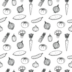 Vegetables vegan food seamless pattern vector illustration, hand drawing sketch