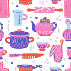 Seamless pattern with kitchen utensil and appliance. Scandinavian illustration of kitchen elements in flat style. Cartoon texture with hand drawn food preparation, kitchenware. Vector doodle clipart. - 502909758
