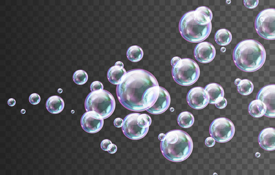 Realistic soap bubbles with rainbow reflection. Colorful falling soap bubbles. Realistic soap bubble with glare. Foam bubbles png. Vector illustration. Festive iridescent foam bubbles with reflection.