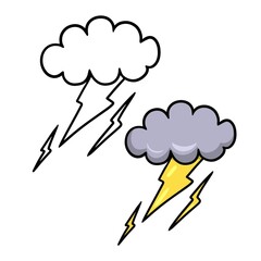 A set of color and sketch images. Dark gray cloud with lightning and thunderstorm, it's raining, vector