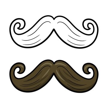 A set of color and sketch images. Funny, cartoon mustache for parties and practical jokes, fake mustache. Vector