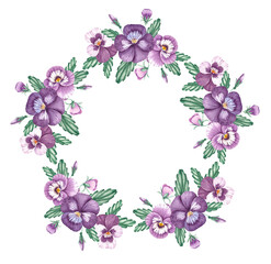Watercolor wreath of pansies on a white background
