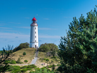 Fototapeta na wymiar The Hiddensee Light House with the name Dornbusch is surrounded from green nature and blue sky background 