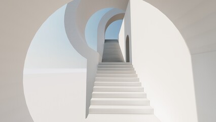 Architecture interior background arched pass with staircase 3d render