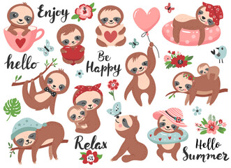 Cute sloth with calligraphy quotes. Hand drawn vector illustration.