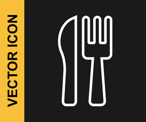 Fototapeta premium White line Crossed knife and fork icon isolated on black background. Cutlery symbol. Vector