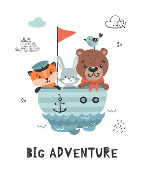 Childish print with cute bear, rabbit and fox on board. Big Adventure poster for kids. Vector illustration.