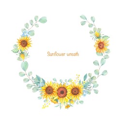 Naklejka na ściany i meble Wreath with sunflowers, watercolor illustration isolated on white background