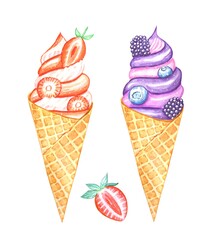 Ice cream with berries . watercolor illustration