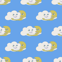 Moon and cloud embrace vector seamless pattern. Cute repeat background for textile, design, fabric, cover etc.