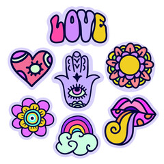 set of hand drawn hippie symbols vector stickers. Design for tee print, clothing, stickers, labels, patches, card, t-shirt