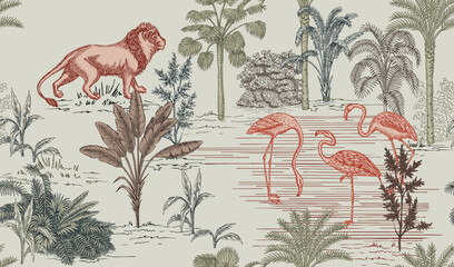 Safari ink drawn palm trees,  lion animal, pink flamingo summer floral seamless pattern.African wallpaper.
