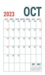 October. Planner 2023 year. English vector vertical template. Week starts on Sunday