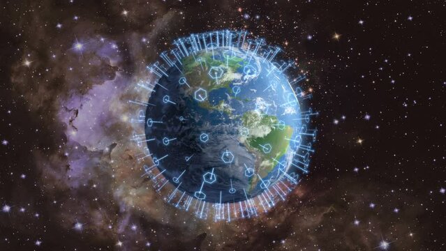 Global telecommunication network of communication and internet around the planet Earth, looped rotation. 3D render. Elements of this image furnished by NASA.
