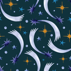 Purple shooting stars with yellow and blue stars watercolor seamless pattern on dark background