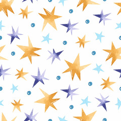 Yellow, purple and blue stars with dots watercolor seamless pattern on white background	