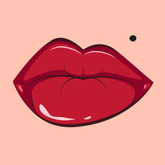 Hot lips with birthmark vector illustration. Lips kiss. Sexy red lipstick. Vector illustration with female mouth