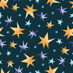 Yellow, purple and blue stars with dots watercolor seamless pattern on dark background