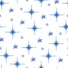 Blue stars and dots watercolor seamless pattern	 