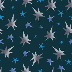 Blue and grey stars and dots watercolor seamless pattern on dark background 