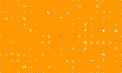 Seamless background pattern of evenly spaced white astrological sun symbols of different sizes and opacity. Vector illustration on orange background with stars