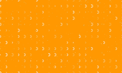 Seamless background pattern of evenly spaced white moon astrological symbols of different sizes and opacity. Vector illustration on orange background with stars