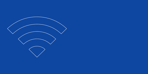 A large white outline wifi symbol on the left. Designed as thin white lines. Vector illustration on blue background