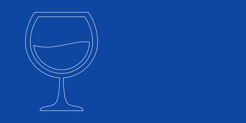 A large white outline wineglass symbol on the left. Designed as thin white lines. Vector illustration on blue background