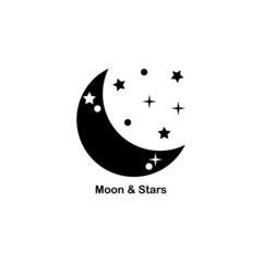 Crescent moon and stars magic boho tattoo black icon flat vector design.