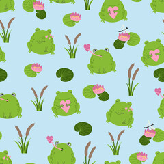 Seamless pattern with cartoon cute frogs and water lilies and reeds. Decor with green amphibians for textiles, wallpaper, paper