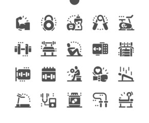 Gym. Sports hall. Sport exercise. Training apparatus. Fruits and drinks. Skipping rope, treadmill simulator. Lifestyle and health. Vector Solid Icons. Simple Pictogram