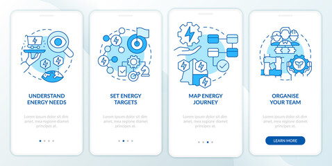 Guide to energy strategy blue onboarding mobile app screen. Walkthrough 4 steps graphic instructions pages with linear concepts. UI, UX, GUI template. Myriad Pro-Bold, Regular fonts used