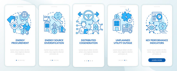 Implementing energy plan blue onboarding mobile app screen. Cogeneration walkthrough 5 steps graphic instructions pages with linear concepts. UI, UX, GUI template. Myriad Pro-Bold, Regular fonts used