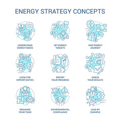 Energy strategy turquoise concept icons set. Managing energy consumption idea thin line color illustrations. Isolated symbols. Editable stroke. Roboto-Medium, Myriad Pro-Bold fonts used