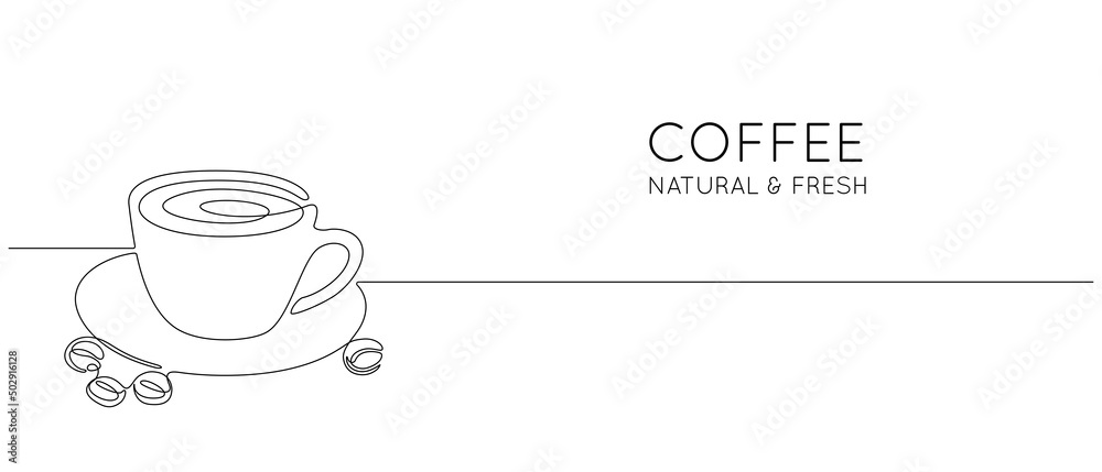 Aufkleber Continuous one line drawing of cup drink with coffee beans. Minimalist icon concept for cafe menu or logo and web banner in simple linear style. Editable stroke. Doodle Vector illustration
