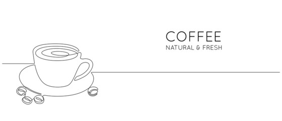 Continuous one line drawing of cup drink with coffee beans. Minimalist icon concept for cafe menu or logo and web banner in simple linear style. Editable stroke. Doodle Vector illustration