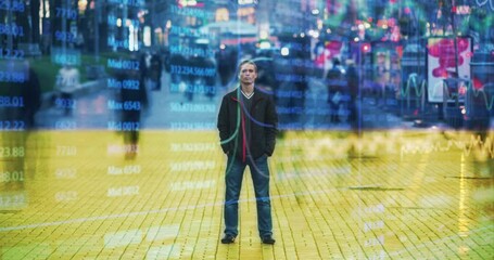The ukrainian man stands on crowdy street on holographic background. time lapse