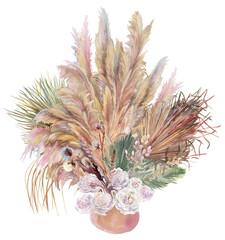 Naklejka na ściany i meble Watercolor vertical bouquet in a boho style vase with white rose flowers with pampas grass dried flowers and dalma sprigs for postcards and interior wall decor isolated on white background
