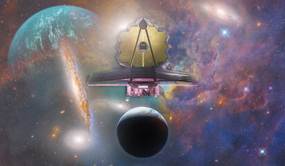 Telescope James Webb in outer space on the orbit of Earth, galaxies and nebulas in the background. Sci-fi space collage. Astronomy science. Elements of this image furnished by NASA © Deian